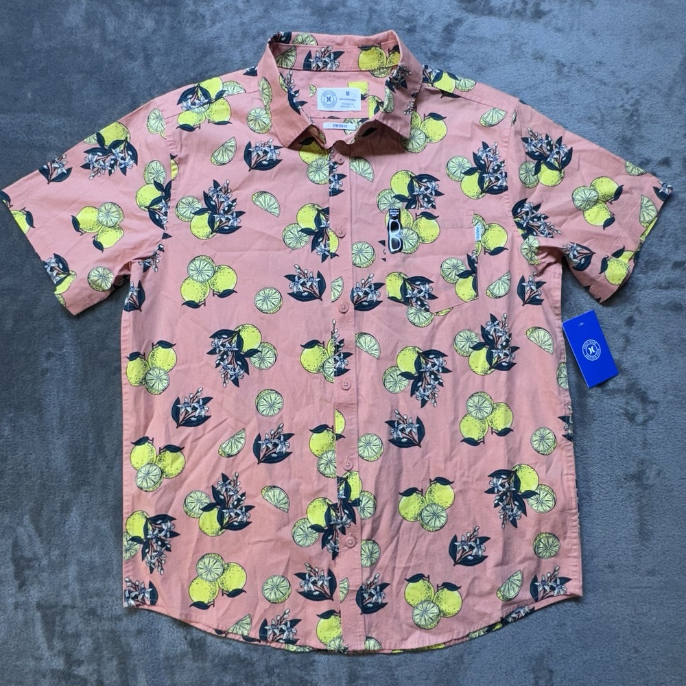Hurley Mens Short Sleeve‎ Shirt Button Up Peach Grapefruit Lemon AOP Size M NWT